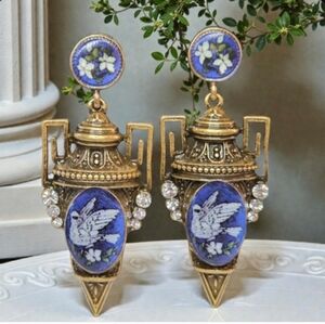 Fabulous Oversized Antique Gold Greek Vase Dove Flower Crystal Dangle Earrings